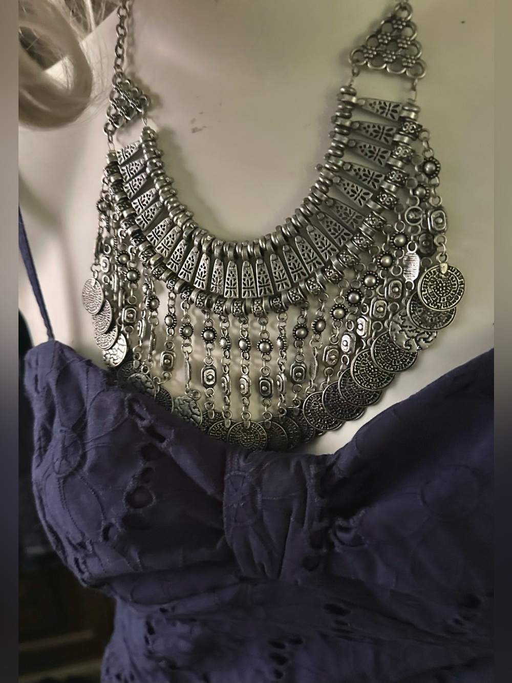 Coin Charm Necklace Adjustable Length Silver-Tone EUC